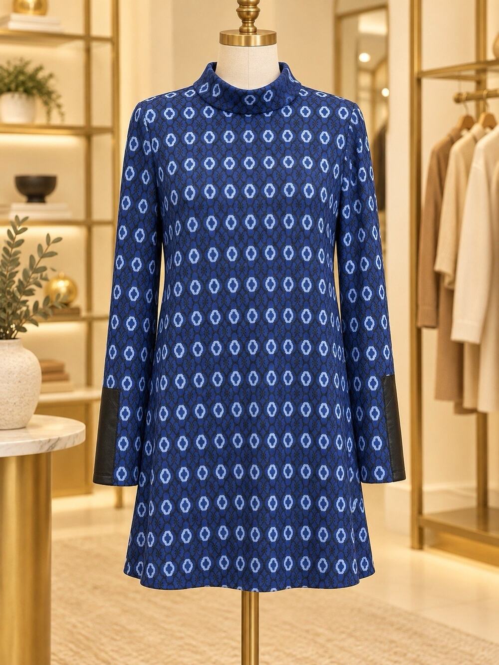 Tyler Boe Blue Geometric Print Mock Neck Tunic Top Faux Leather Cuff Size M